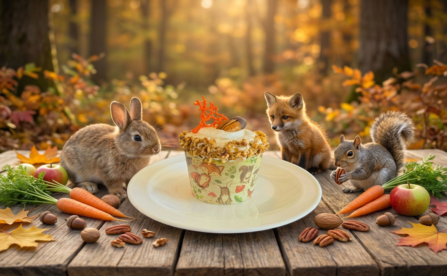Carrot Critter Crunch cupcake displayed on a white plate, surrounded by woodland critters including a rabbit, fox, and squirrel. The cupcake features a critter-themed wrapper, golden pecan-rimmed frosting, and is topped with an orange white chocolate piece and chocolate-dipped pecan. Autumn setting with scattered carrots, apples, pecans, and fall leaves.