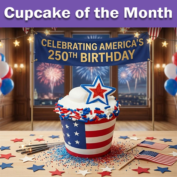 Star Spangled Cake Batter Cupcake of the Month featuring red, white, and blue patriotic frosting with a decorative star, celebrating America's 250th birthday — Olde Tyme Pastries Turlock CA
